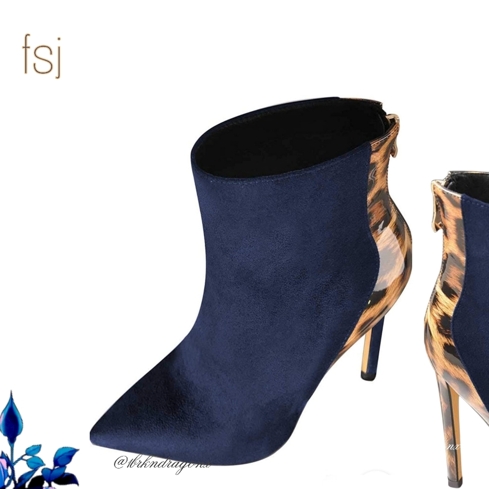 NWT Navy or Black Leopard Stilettos Two Tone Booties Polished Dress Booties - Picture 7 of 14